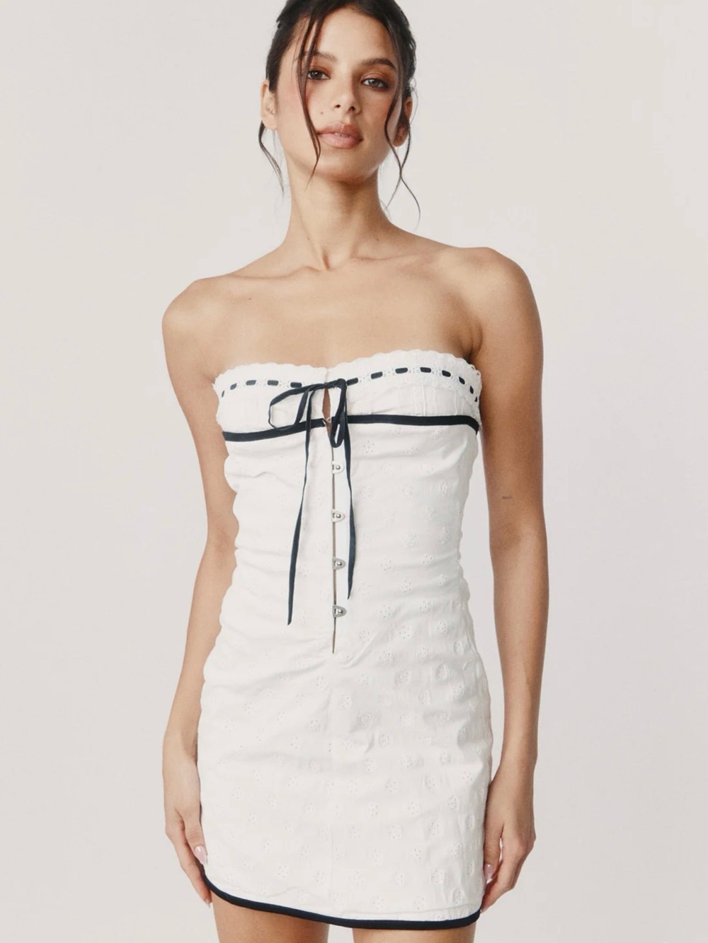 With Jean Strapless White Eyelet Mini Dress with Black Trim